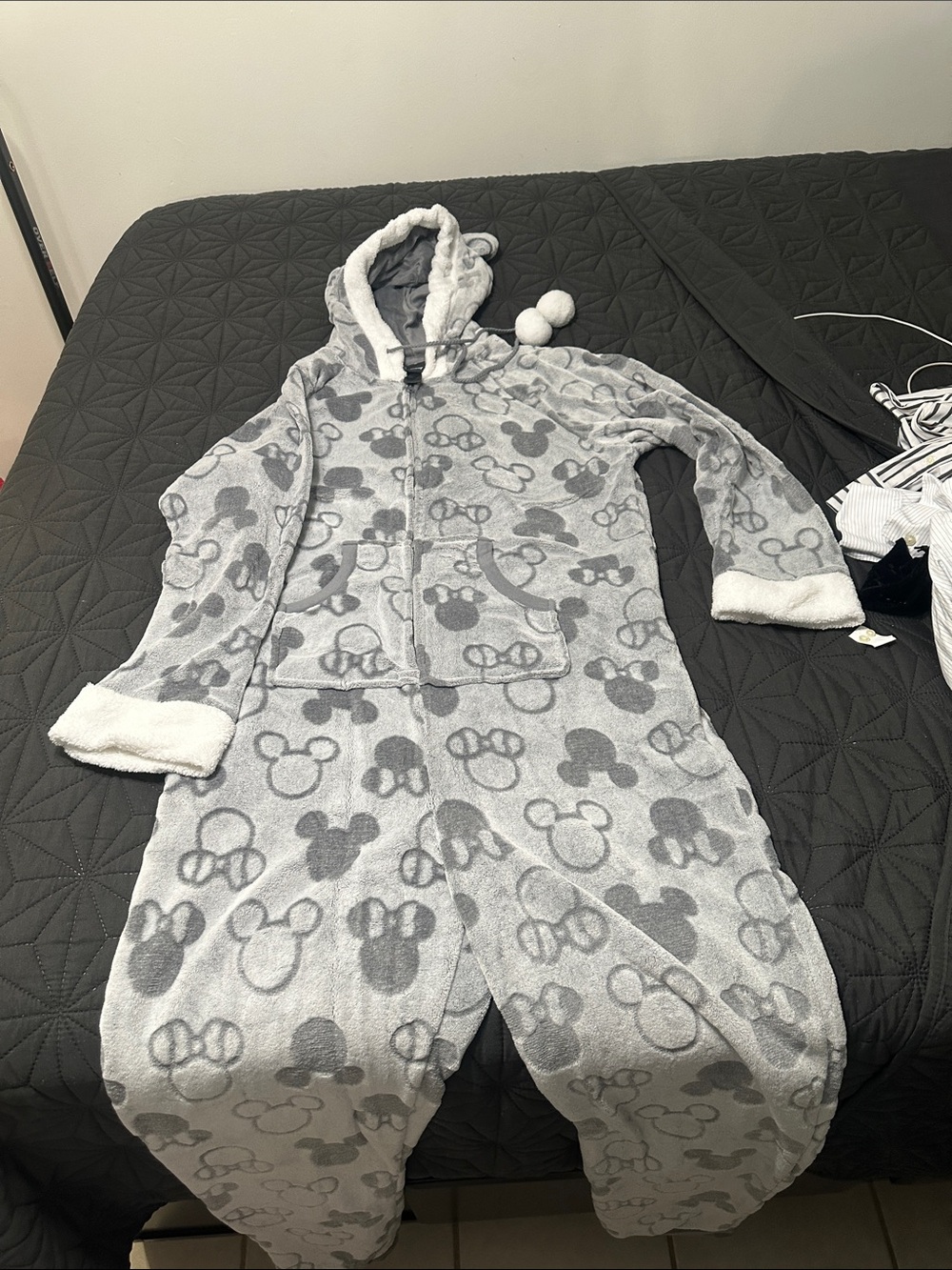Adult Gray Mickey Print Hooded Onesie one size fits all